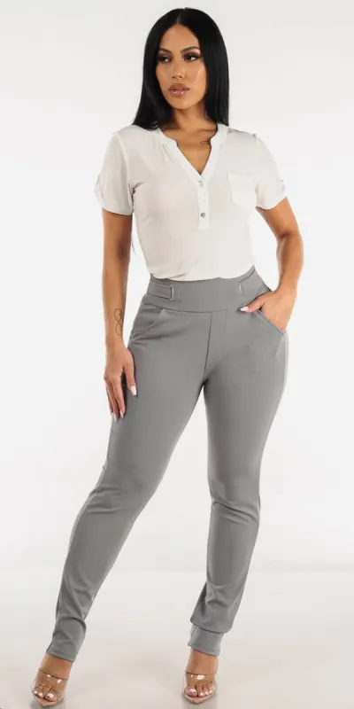 High Rise Grey Straight Leg Dressy Pants with Half Button Up White Short Sleeve Blouse sold by Moda
