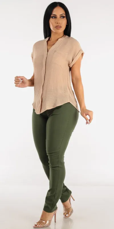 Mid Rise Olive Straight Leg Dressy Pants with Short Sleeve Button Up Beige Shirt sold by Moda