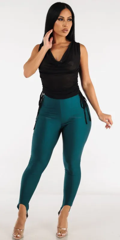 Sage High Rise Satin Stirrup Leggings with Black Sleeveless Ruched Sides Mesh Top sold by Moda