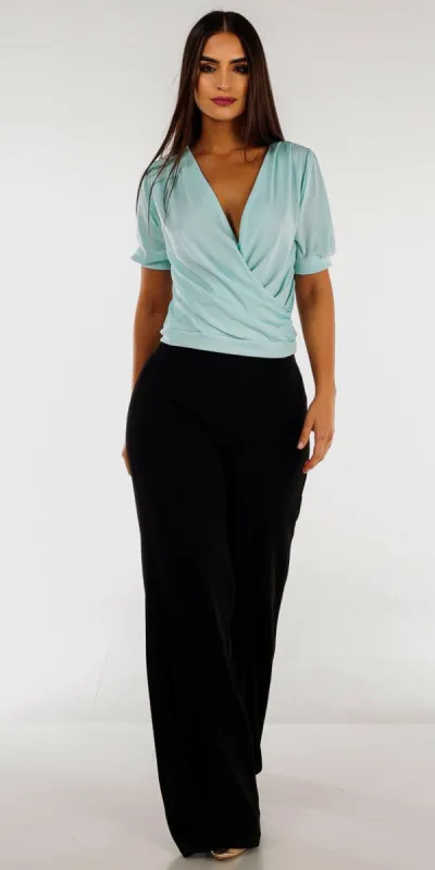 Black High Waist Wide Legged Pants with Mint Short Sleeve Surplice Top sold by Moda