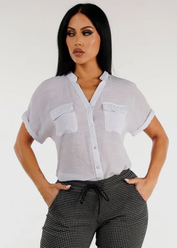 White Short Sleeve Vneck Button Up Shirt sold by Moda