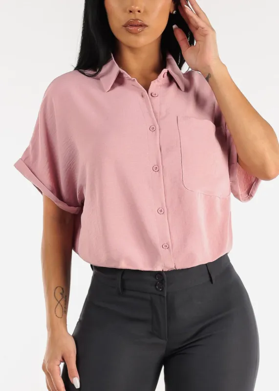 Short Sleeve Relaxed Fit Button Up Shirt Blush sold by Moda