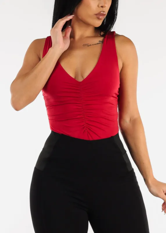 Sleeveless Deep Vneck Ruched Bodysuit Red sold by Moda
