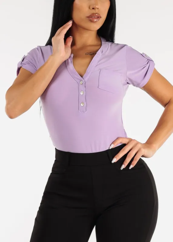 Short Sleeve Half Button Up Blouse Lavender sold by Moda