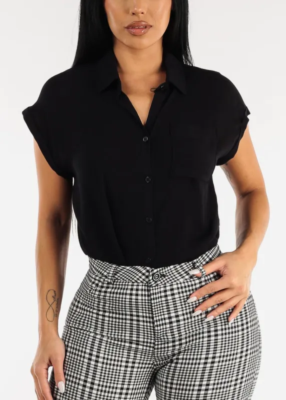 Black Cap Sleeve Button Down Woven Shirt sold by Moda