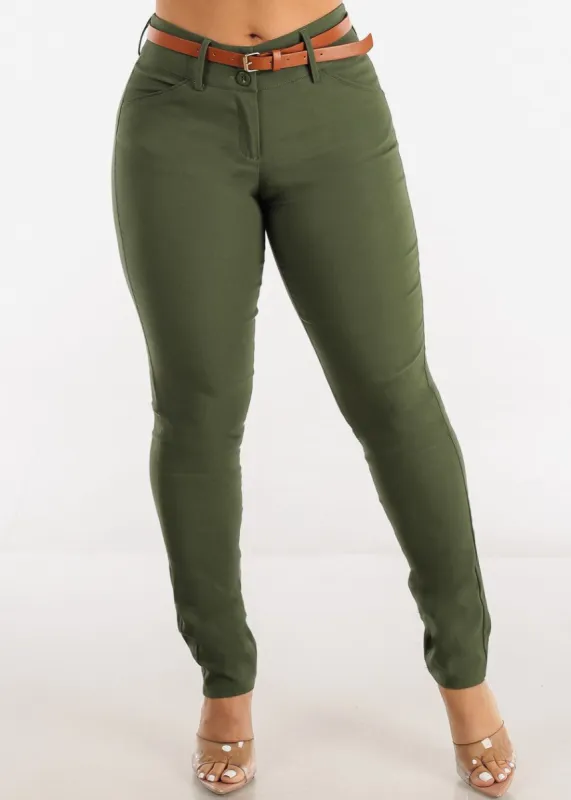 Olive Mid Rise Slim Straight Dressy Pants w Belt sold by Moda