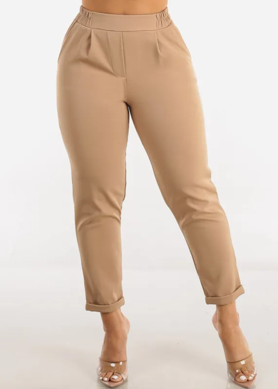 Pull On High Waist Tapered Ankle Dress Pants Taupe sold by Moda