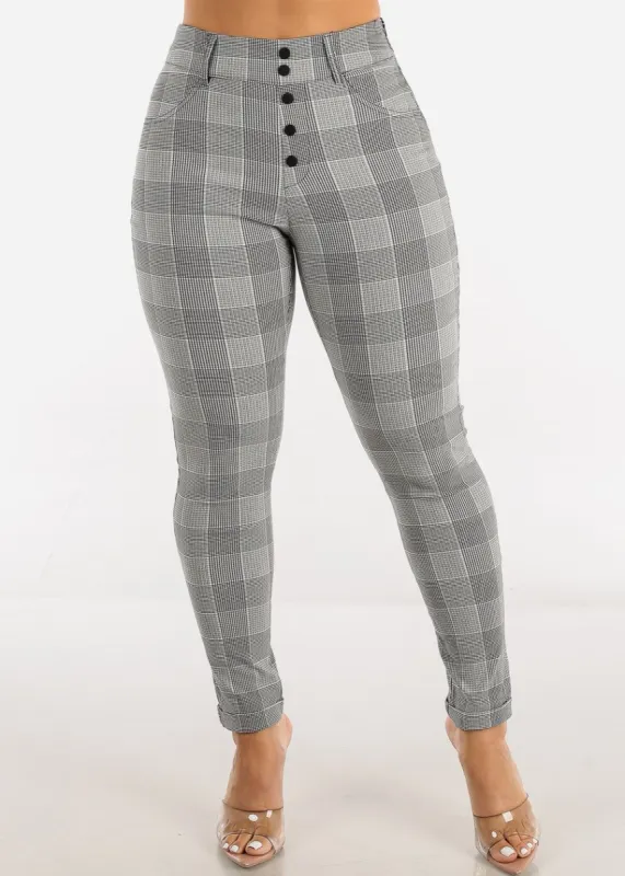High Waisted Plaid Skinny Pants Black & White sold by Moda