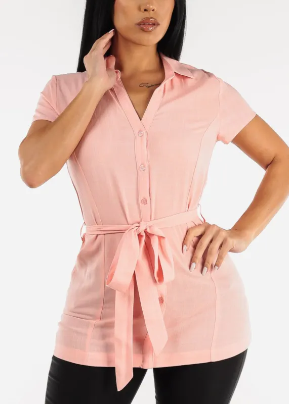 Short Sleeve Button Down Belted Tunic Blouse Pink sold by Moda