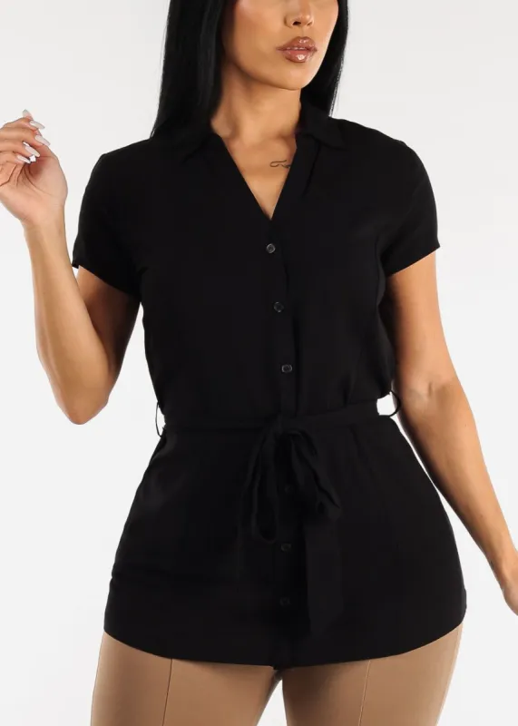 Black Short Sleeve Button Down Belted Tunic Blouse sold by Moda