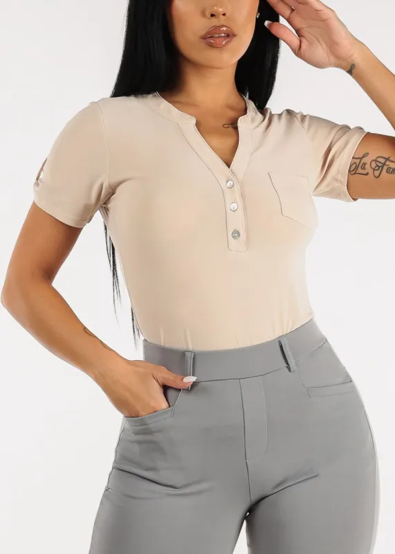 Short Sleeve Half Button Up Blouse Beige sold by Moda