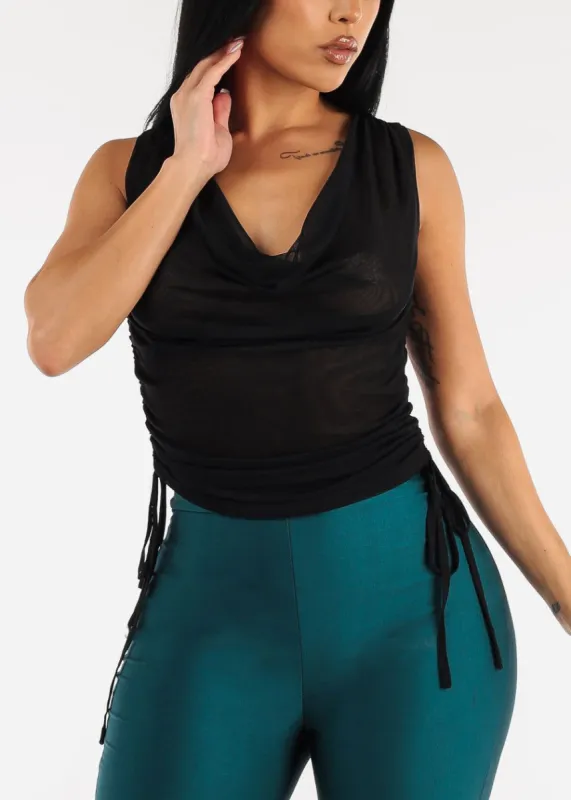 Black Sleeveless Double Layer Ruched Mesh Top sold by Moda