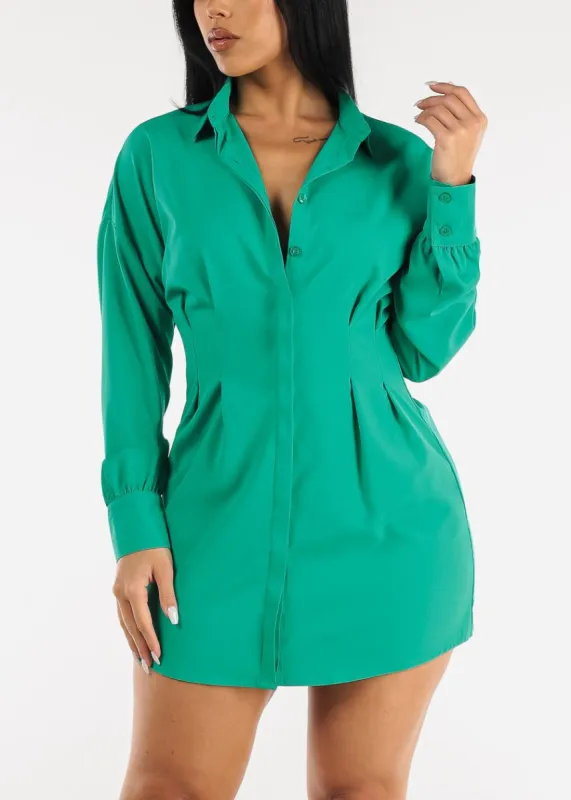 Long Sleeve Button Down Pleated Mini Shirtdress Green sold by Moda