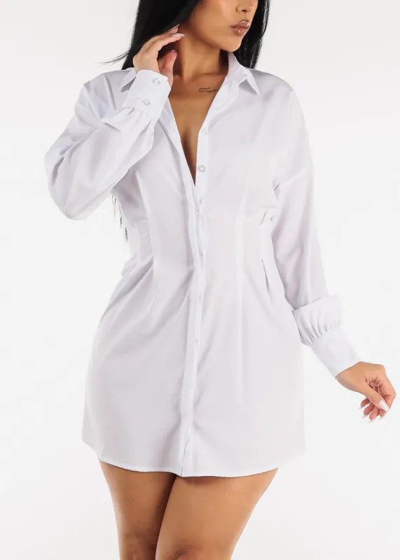 Long Sleeve Button Down Pleated Mini Shirtdress White sold by Moda
