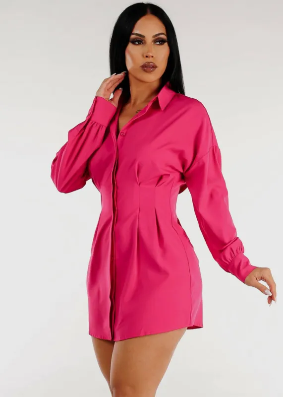 Long Sleeve Button Down Pleated Mini Shirtdress Fuchsia sold by Moda