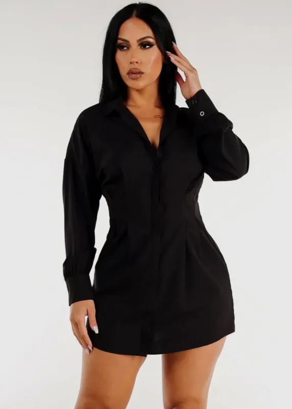 Long Sleeve Button Down Pleated Mini Shirtdress Black sold by Moda