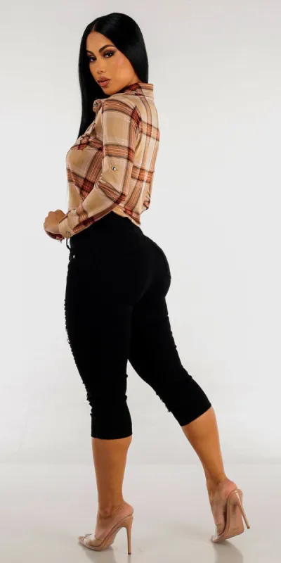 Black High Waist Butt Lifting Ripped Capris with Beige Button Up Plaid Shirt sold by Moda
