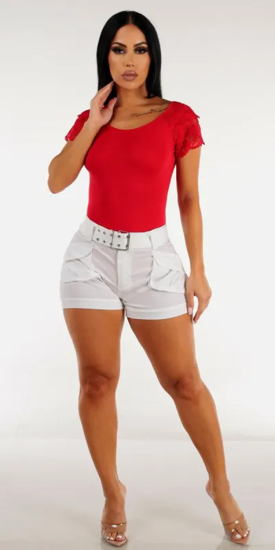 High Waisted White Cargo Shorts with Short Sleeve Red Thong Bodysuit sold by Moda