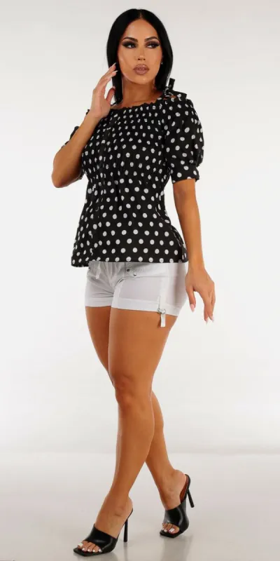 White Drawstring Waist Cargo Shorts with Black Smocked Polka Dot Blouse sold by Moda