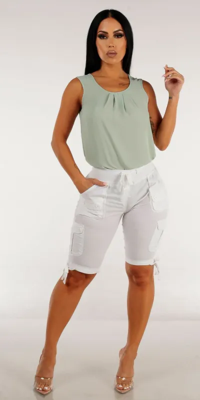 Drawstring Waist White Cargo Bermuda Shorts with Sleeveless Sage Pleated Blouse sold by Moda