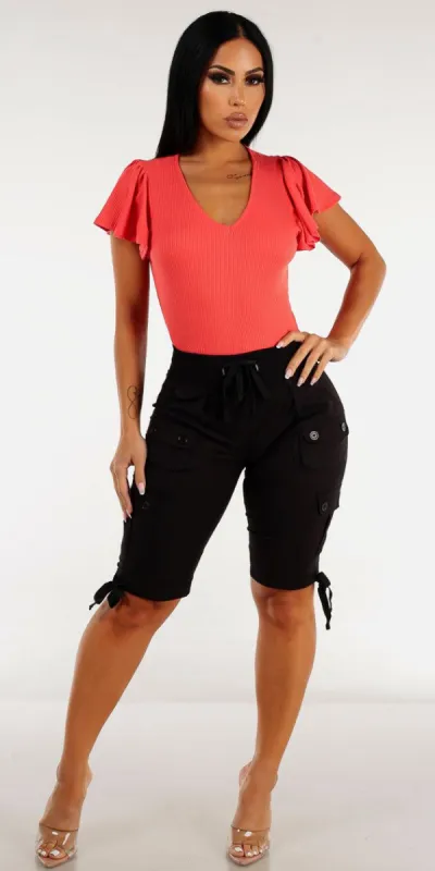 Drawstring Waist Black Cargo Bermuda Shorts with Coral Short Sleeve Vneck Top sold by Moda