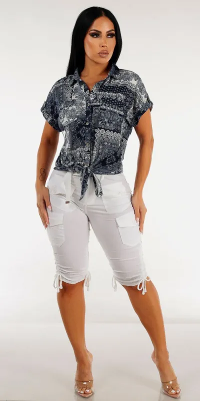 White High Rise Cargo Bermuda Shorts with Short Sleeve Button Up Printed Shirt sold by Moda
