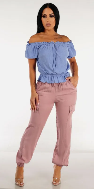 Drawstring Waist Pink Cargo Jogger Pants with Blue Off Shoulder Woven Top sold by Moda