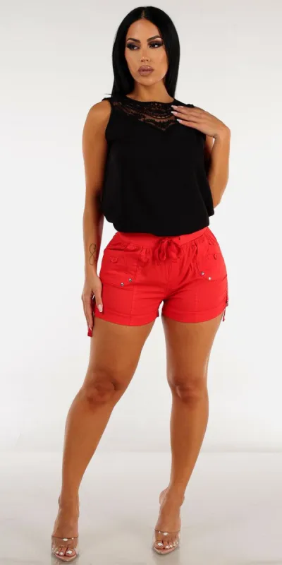 High Drawstring Waist Red Cargo Shorts with Black Sleeveless Blouse sold by Moda