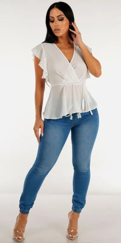 Med Blue Drawstring Denim Cargo Joggers with White Short Sleeve Peplum Blouse sold by Moda