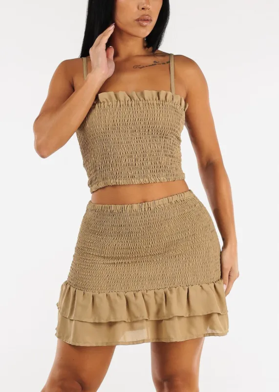Sleeveless Smocked Crop Top & Mini Skirt Khaki (2 PCE SET) sold by Moda