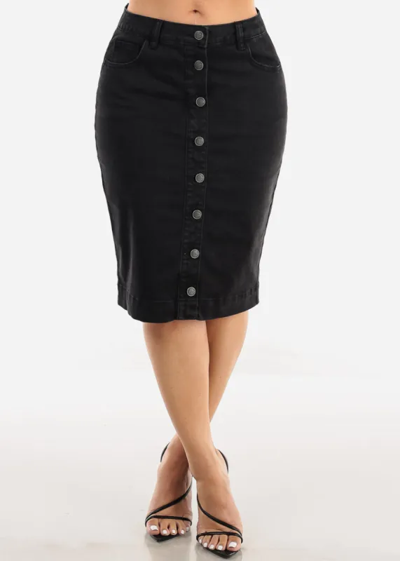Stretchy Button Up Black Denim Pencil Skirt sold by Moda