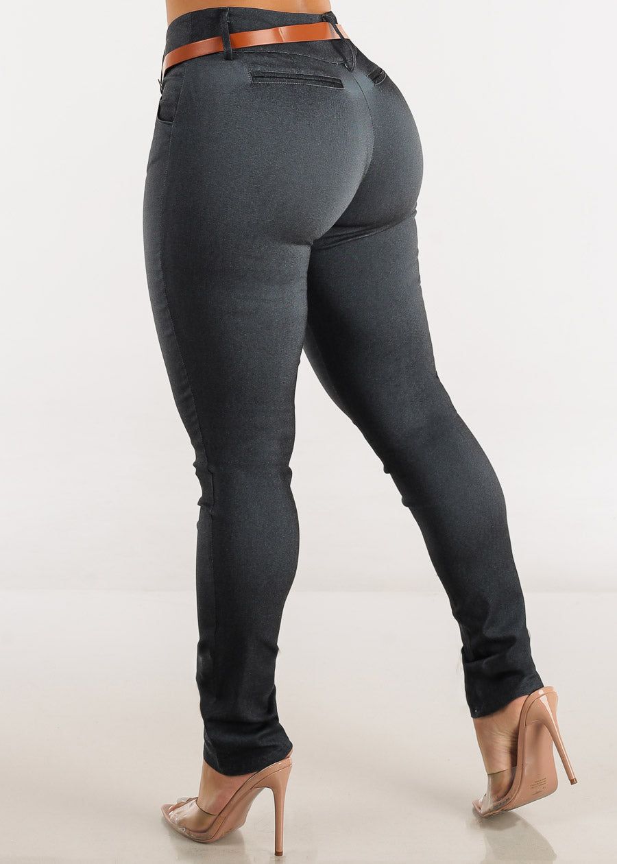 Charcoal Mid Rise Slim Straight Dressy Pants w Belt sold by Moda product image thumbnail 4