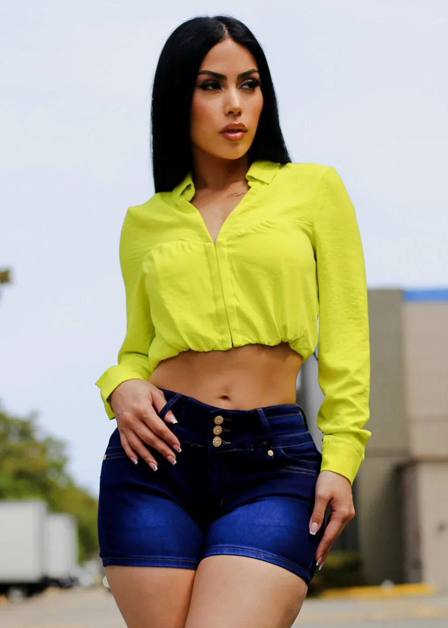 Long Sleeve Hook and Eye Crop Top Neon Lime sold by Moda