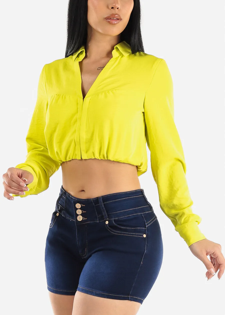 Long Sleeve Hook and Eye Crop Top Neon Lime sold by Moda product image thumbnail 3