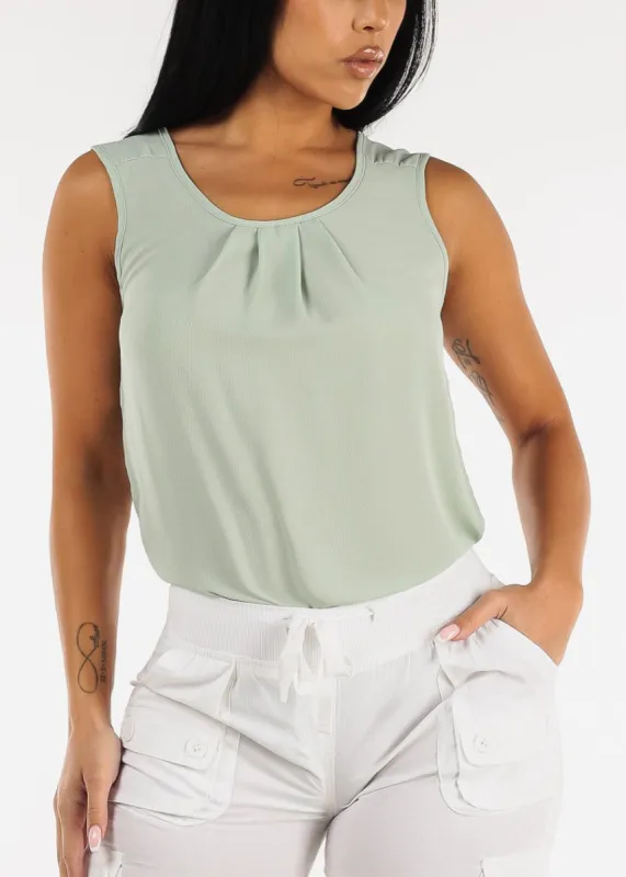 Sleeveless Pleated Neckline Chiffon Blouse Sage sold by Moda