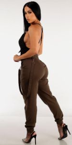 Olive High Waisted Chain Joggers with Sleeveless Surplice Black Bodysuit sold by Moda