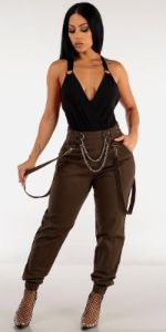 Olive High Waisted Chain Joggers with Sleeveless Surplice Black Bodysuit sold by Moda