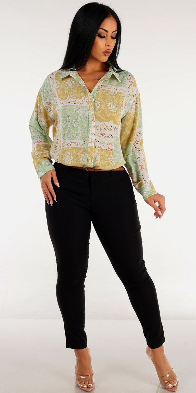 Belted Black Mid Rise Dressy Skinny Pants with Long Sleeve Button Up Floral Sage Shirt sold by Moda