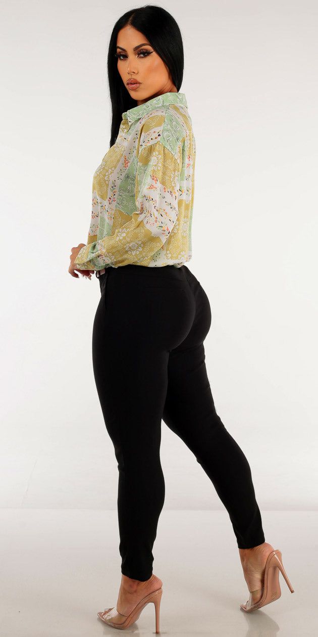 Belted Black Mid Rise Dressy Skinny Pants with Long Sleeve Button Up Floral Sage Shirt sold by Moda product image thumbnail 2
