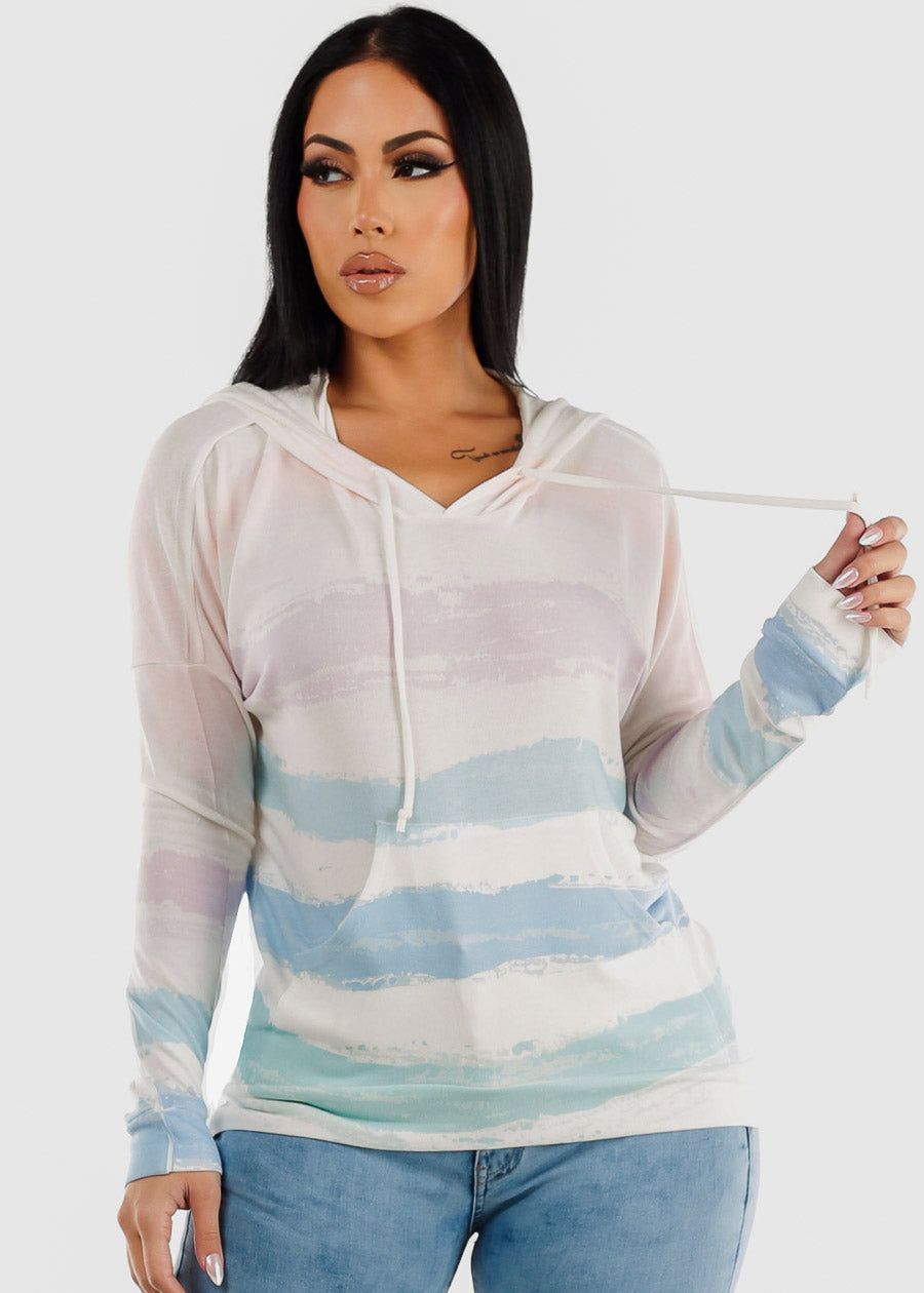 Long Sleeve Stripe Pullover Tunic Hoodie White sold by Moda