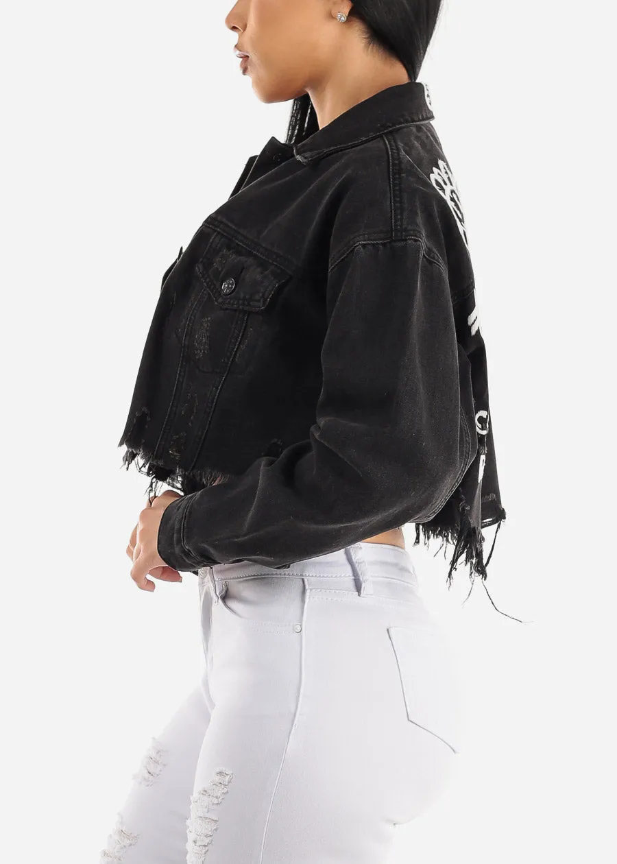 Black Graphic Cropped Denim Jacket "Keep Smiling" sold by Moda product image thumbnail 3