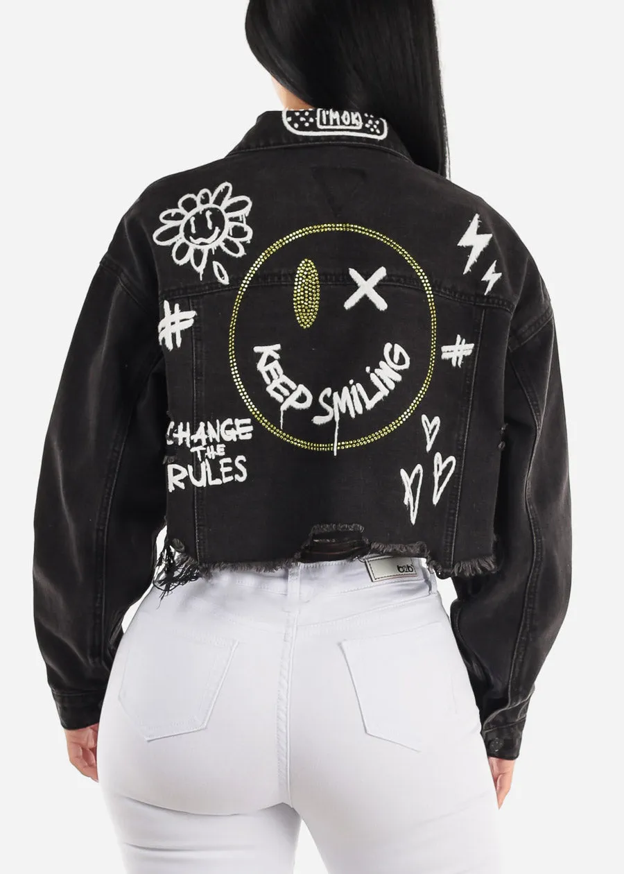 Black Graphic Cropped Denim Jacket "Keep Smiling" sold by Moda product image thumbnail 4