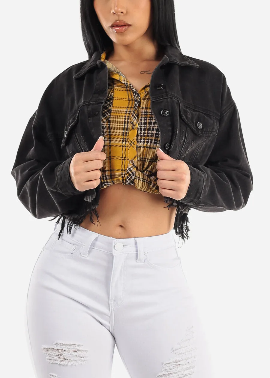 Black Graphic Cropped Denim Jacket "Keep Smiling" sold by Moda product image thumbnail 5