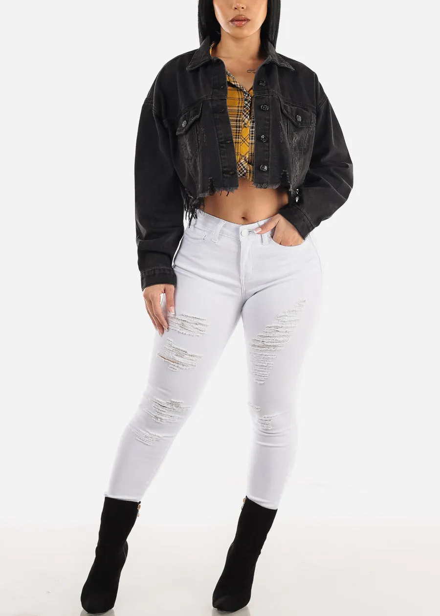 Black Graphic Cropped Denim Jacket "Keep Smiling" sold by Moda product image thumbnail 2