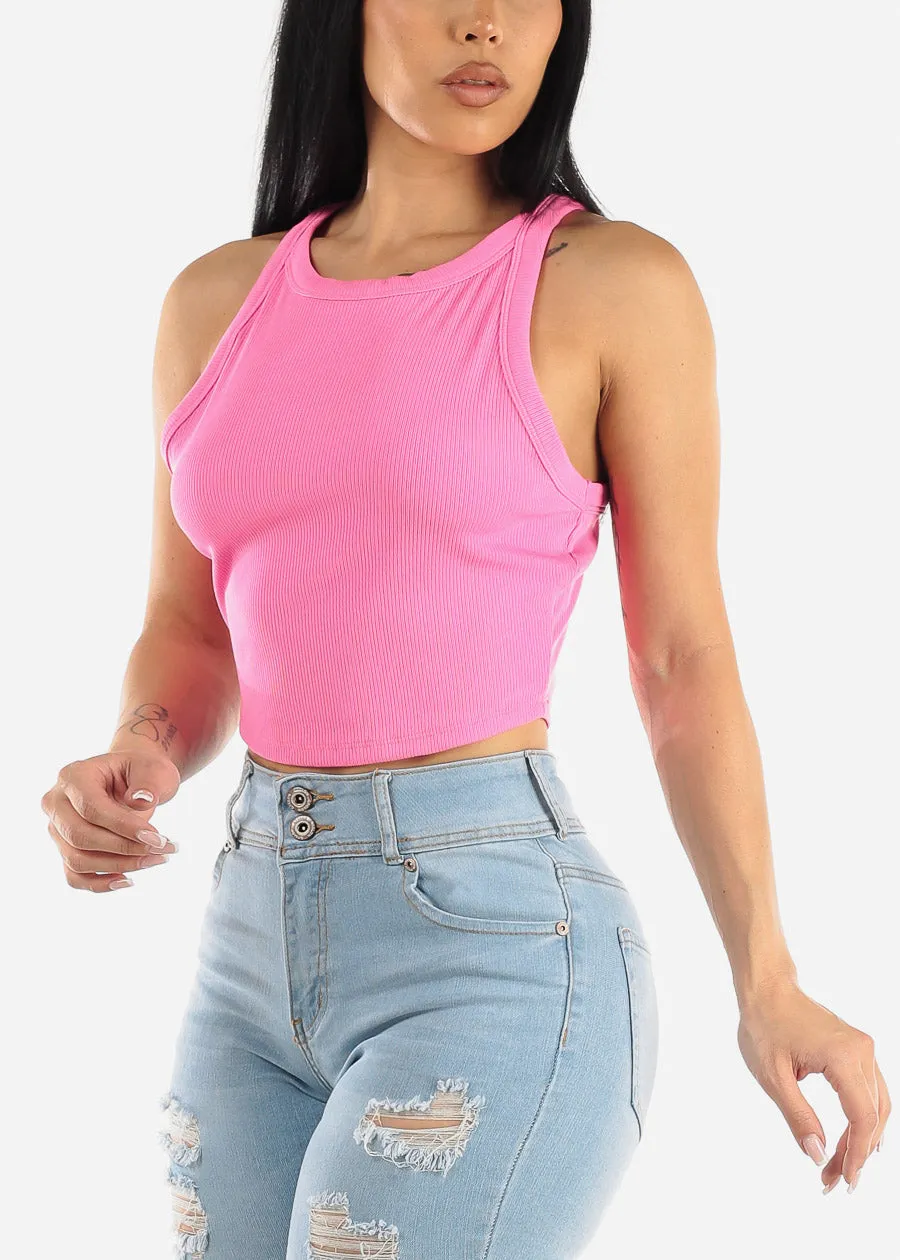 Sleeveless Crewneck Ribbed Crop Top Hot Pink sold by Moda