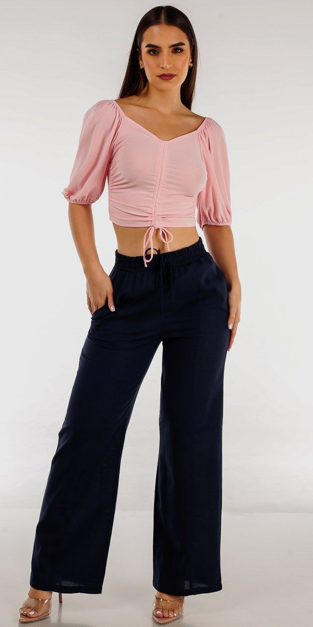 Navy Drawstring Waist Linen Pants with Pink Elbow Sleeve Ruched Crop Top sold by Moda