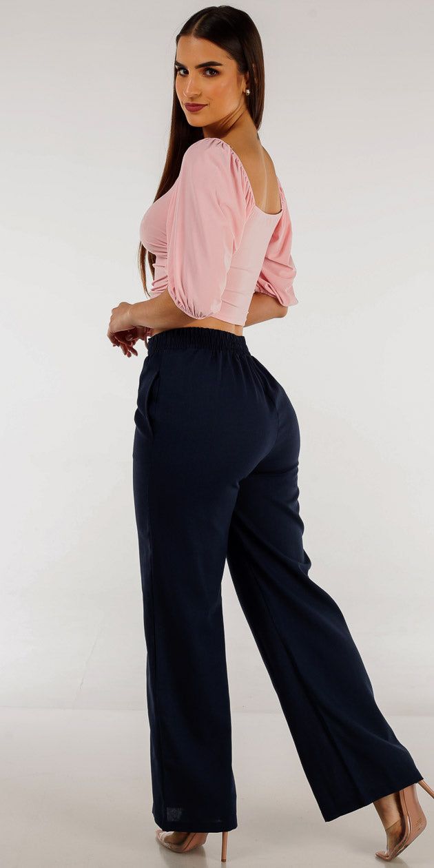 Navy Drawstring Waist Linen Pants with Pink Elbow Sleeve Ruched Crop Top sold by Moda product image thumbnail 2