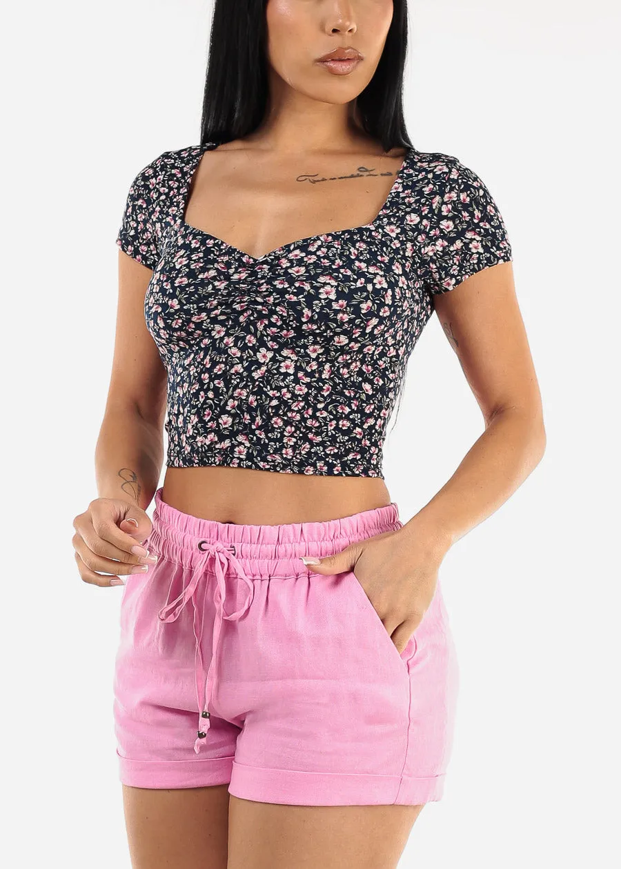 Short Sleeve Sweetheart Neckline Floral Crop Top Navy sold by Moda