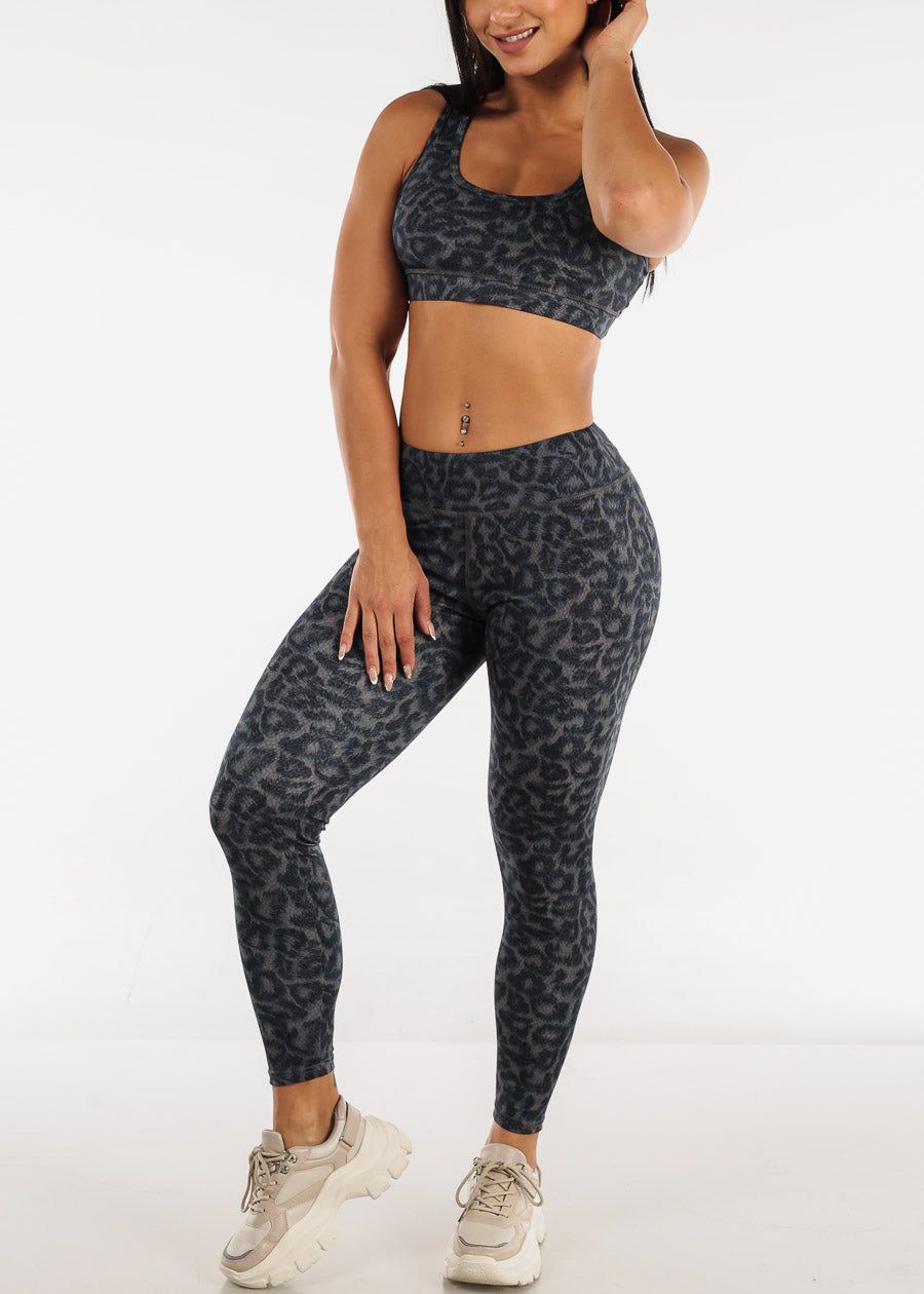 High Rise Leopard Leggings w Matching Sports Bra Grey (2 PCE SET) sold by Moda