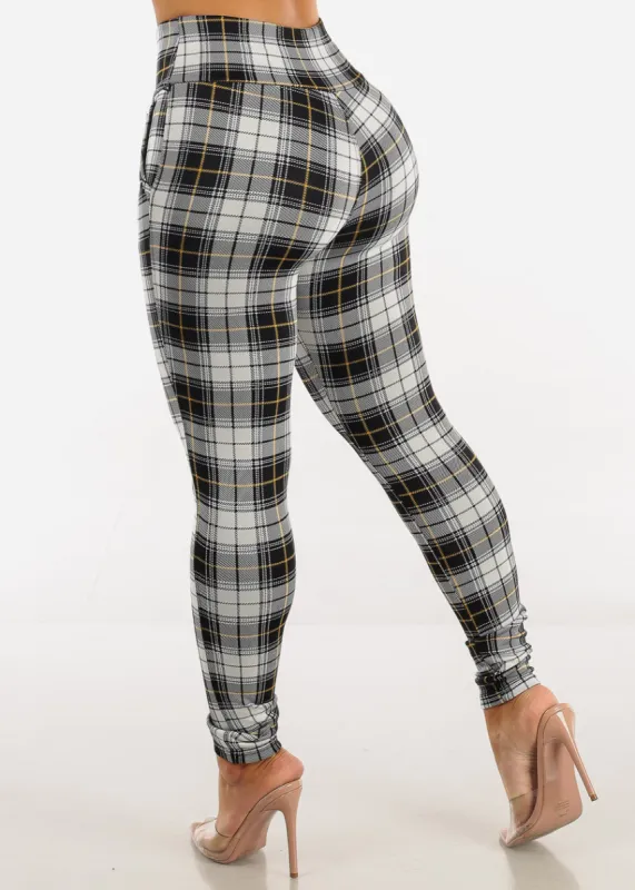 High Waisted Plaid Skinny Pants w Zipper Detail sold by Moda